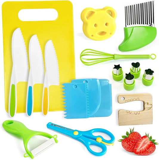 17 Pieces Kids Safe Knife Set for Real Cooking Child-Friendly Plastic Chef Tools Montessori Kitchen Toys for Toddlers with Bright Colors Gifts for Boys and Girls