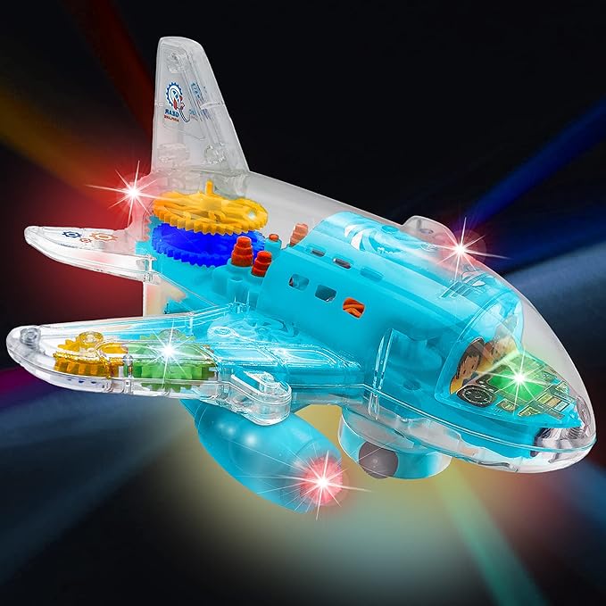 ArtCreativity Light-Up Transparent Airplane Toy for Toddlers 1-3, Fun Bump-and-Go Plane Toy for Kids 3-5, with Colorful Moving Gears, Music, and LED Effects - Perfect Airplane Gift for Boys and Girls
