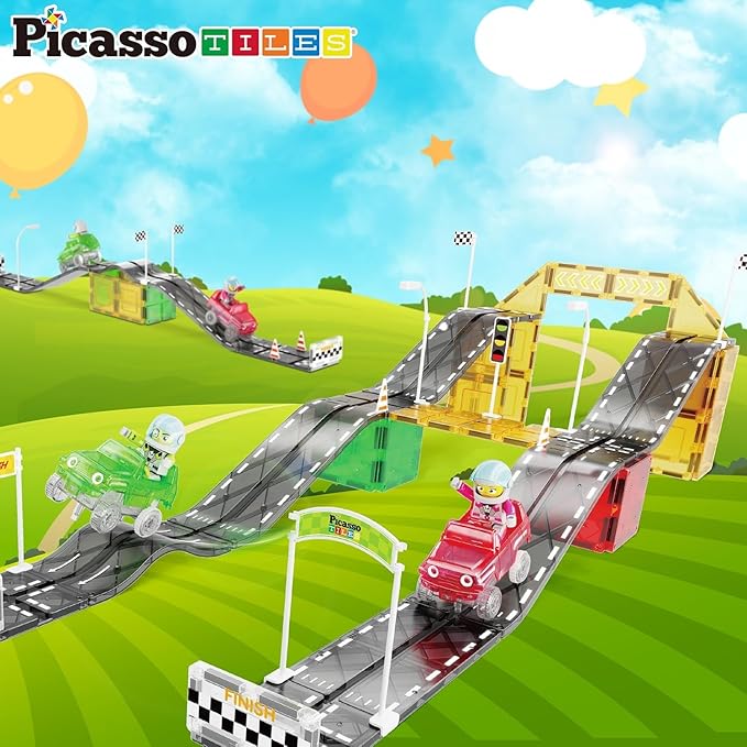 PicassoTiles Magnet Tile Race Car Track Construction Building Block Toy Kit with Character Action Figures and Racing Cars Magnetic Tiles STEM Educational Learning Pretend Play Blocks Kids Age 3+ PTR05