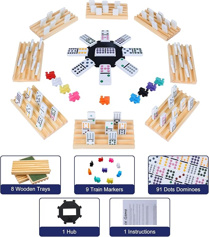 Mexican Train Double 12 Dominoes Set with 8 Trays, 9 Markers, 91 Tiles, 2 Scoreboards & Hub - Complete Family Board Game for Adults & Kids, Travel Friendly Dominoes Game Set for 2-8 Players