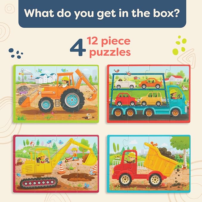 B. toys – Wooden Puzzle Set – Car Carrier, Loader, Excavator, Dump Truck – 12-Piece Jigsaw Puzzles For Kids – 3 Years + – Pack o' Puzzles - Trucks