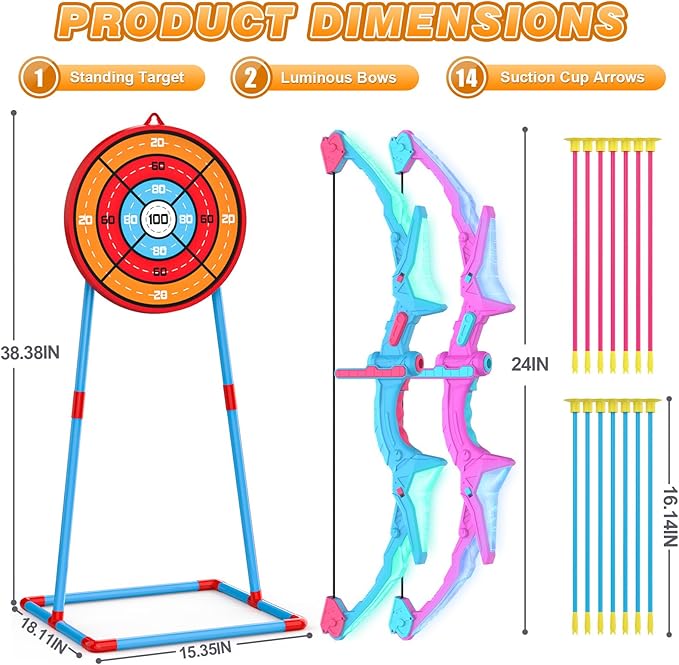 2 Pack Bow and Arrow Set for Kids, Light Up Archery Set with 14 Suction Cup Arrows, Outdoor Toys for Kids Ages 6-8 8-12, Birthday Gifts Ideas Toys for 4 5 6 7 8 9 10 Year Old Girls Boys