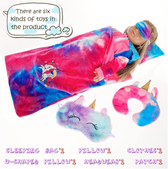 ebuddy 18 inch Doll Clothes-Unicorn Doll Costume Colorful Tie-Dyed Pajamas Sleeping Bag Set for 18 inch Girl Doll,Most 18 Inch Dolls(No Doll)