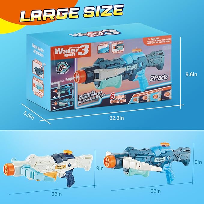 Water Gun for Kids & Adults: 3-in-1 Transforming Large Capacity Water Gun 4 Adjustable Water Spray Patterns Outdoor Water Blaster for Kids & Adults Summer Pool & Beach Toy for Boy 8-12, 2PCS