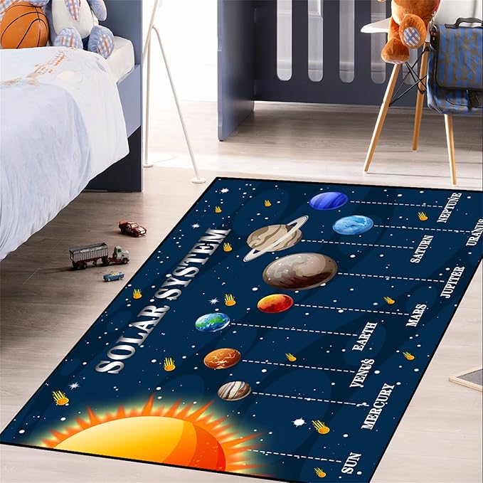 Galaxy Area Rugs Universe Solar System Planet Theme Small Carpets Space Rugs for Kids Bedroom Educational Learning Rug for Living Room Bedroom Indoor Crystal Polyester Floor Sofa Mats, 2'5''×4'