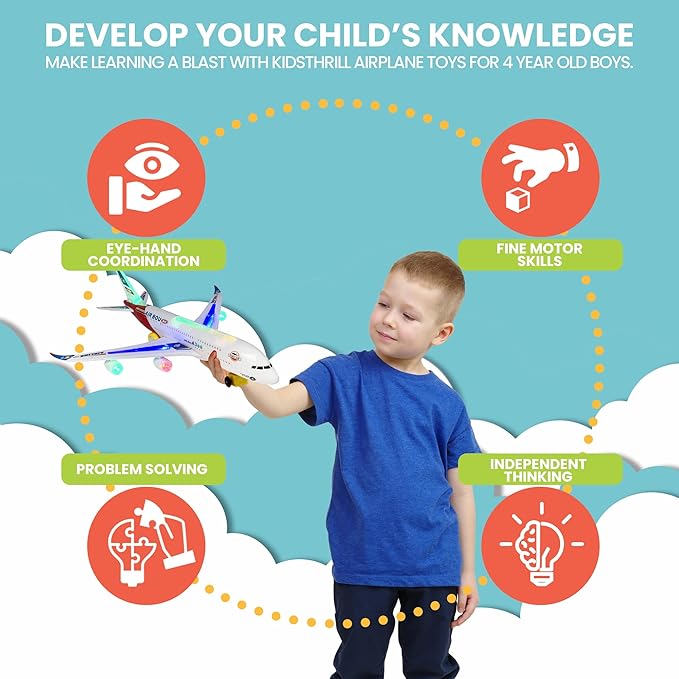 Kidsthrill Airplane Toy with Bump & Go, Flashing Lights & Sounds - For Boys & Girls Age 3-12