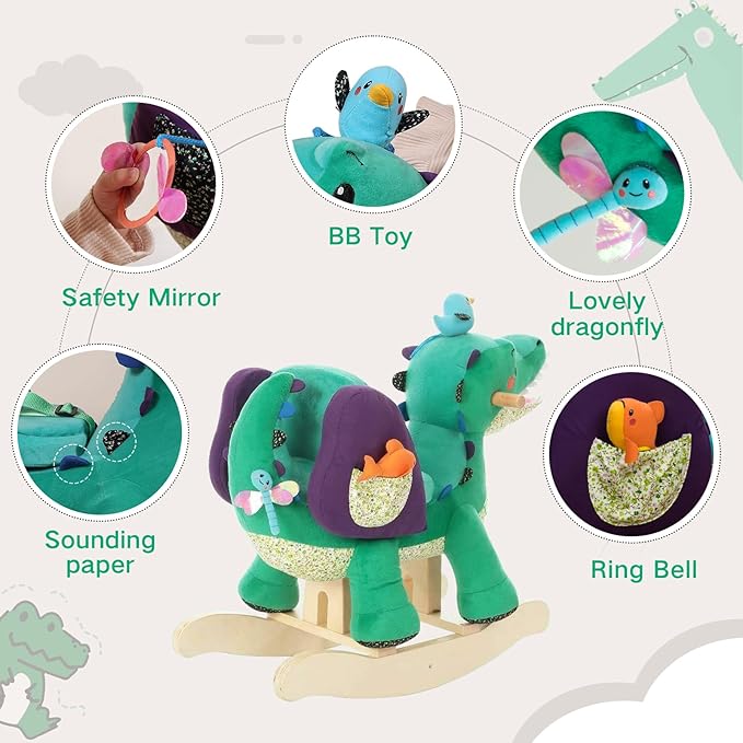 labebe Child Rocking Horse Toy, Stuffed Animal Rocker, Green Crocodile Plush Rocker Toy for Kid 6 Month -3 Years, Wooden Rocking Horse Chair/Rocker/Animal Ride on