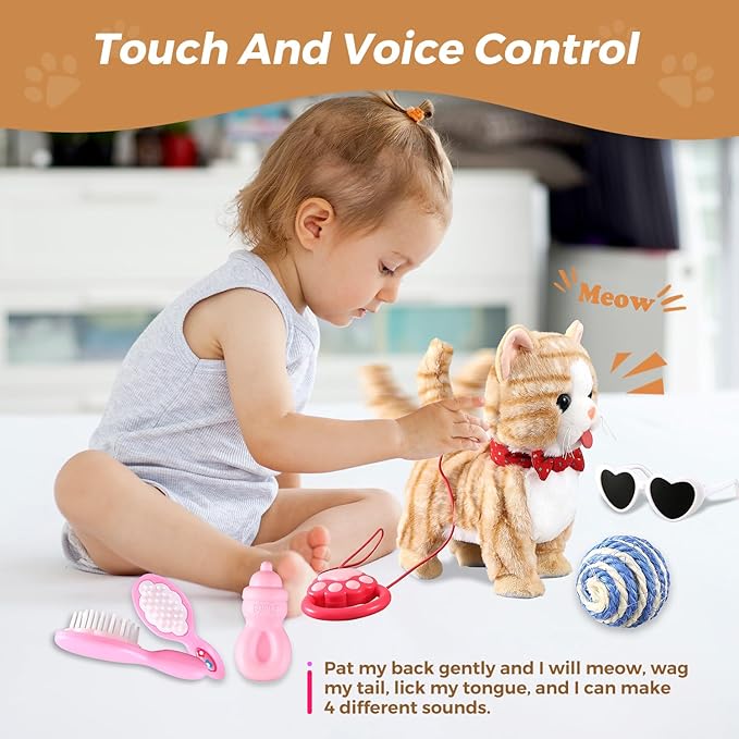 Yellow Pattern Leash Walking Cat Set Interactive Talking Toy Singing Dancing Kitten Mimicking Repeat What You Say Kitty Touch and Voice Control Nodding Wagging Tail Plush Electric Robot for Kid Girl