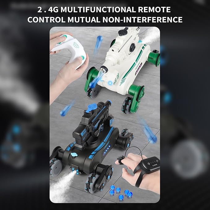 RC Tank That Shoots, RC Stunt Car Shooting Water Bullets, Gesture Sensing Remote Control Tank with 360?Rotation, Spray, Light and Music, 2.4GHz 4WD RC Cars with 2 Batteries for Kids (Black)