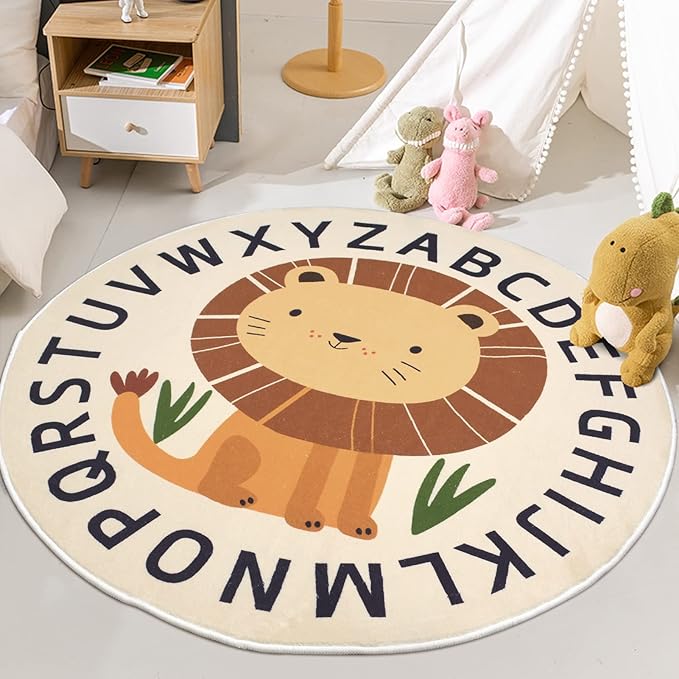 Kid Rugs Animal Play Rug 4Ft Large Round Lion Play Mat Soft Alphabet Educational Area Rug Nonslip Circle Baby Crawling Mat for Boys Girls Carpet for Kids Playroom Nursery, Sitting