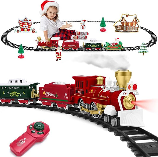 Christmas Train Set for Kids Remote Control Train with Smoke Light Sound, Steam Locomotive Railroad Carriages Rechargeable RC Toy Train, Gift for Boys and Girls