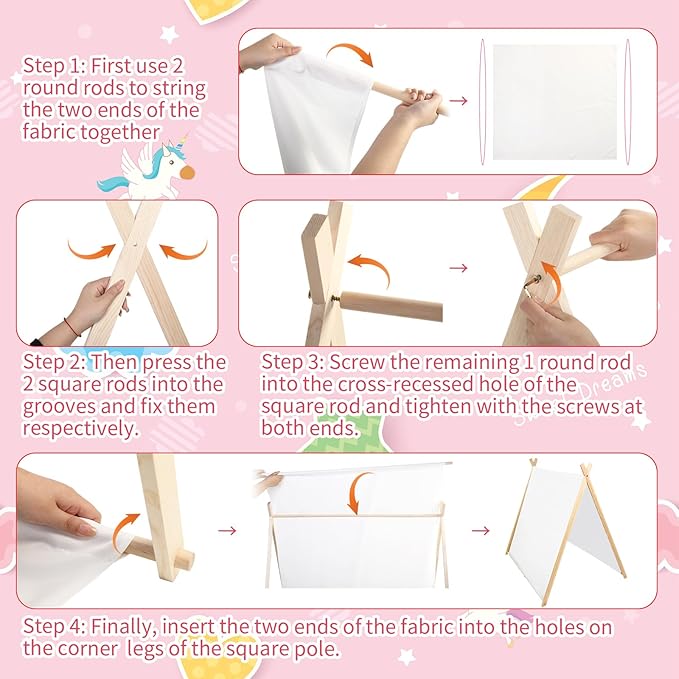 Teepee Tent for Kids with Inflatable Airbed, Fitted Sheet and Pillow Inserts Toddler Play Tent White Washable Foldable for Indoor Outdoor Boys Girls Slumber Party Sleepover Playhouse(4 Sets)