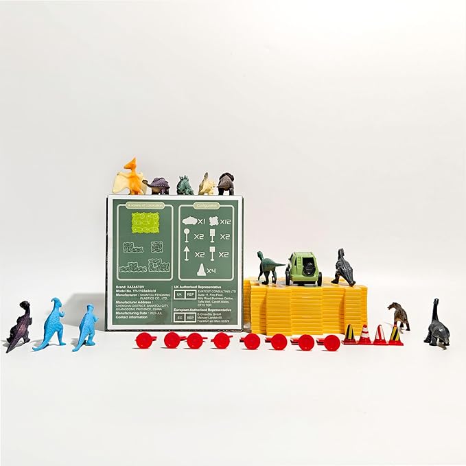 Puzzle Track Car Play Set with 12 Dinosaur Figures, Plastic Railcar Floor Puzzles for Kids Ages 3-5 with Vehicles, Toys Gifts for 3 4 5 6 Year Old Boys