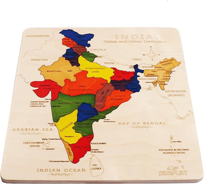 Wooden India Map Jigsaw Puzzle for Kids, 22 Pieces, Learning & Educational Toy Gift for Ages 3+