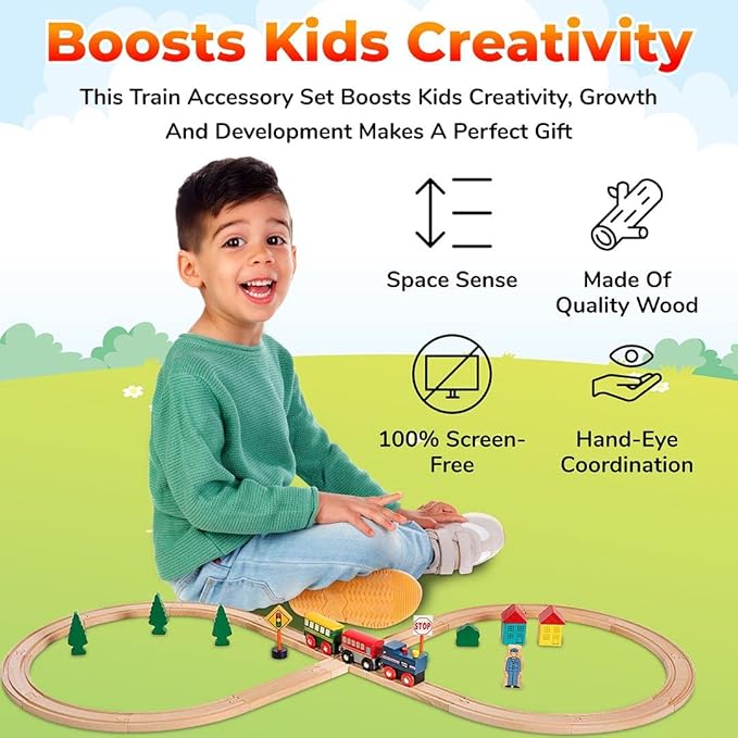 Wooden Train Set 35 Piece All in One Wooden Toy Train Tracks Set with Magnetic Trains and Railway Accessories, Comes in A Clear Container, Compatible with All Major Brands