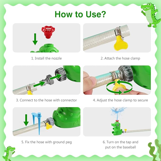 MoKo Water Sprinkler Baseball Toy for Kids Outdoor Play, 2 in 1 Baseball Water Games, 360° Rotatable Yard Sprayer Sprinkler, Toddler Outdoor Toys for Backyard Garden Lawn Pool, Green Crocodile