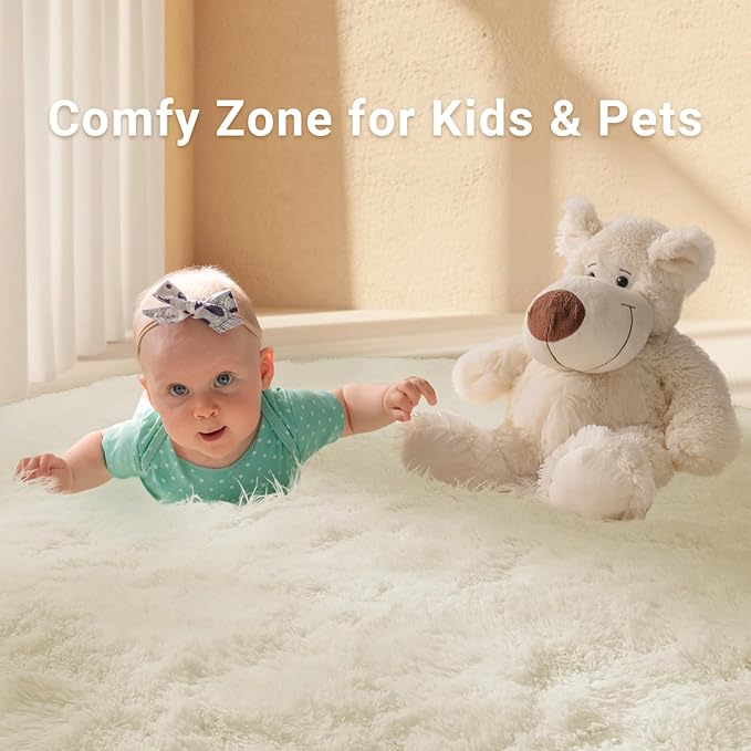 LOCHAS Luxury Round Fluffy Area Rugs for Bedroom Kids Girls Room Nursery, Super Soft Circle Rug, Cute Shaggy Carpet for Children Living Room, 5x5 Feet Cream