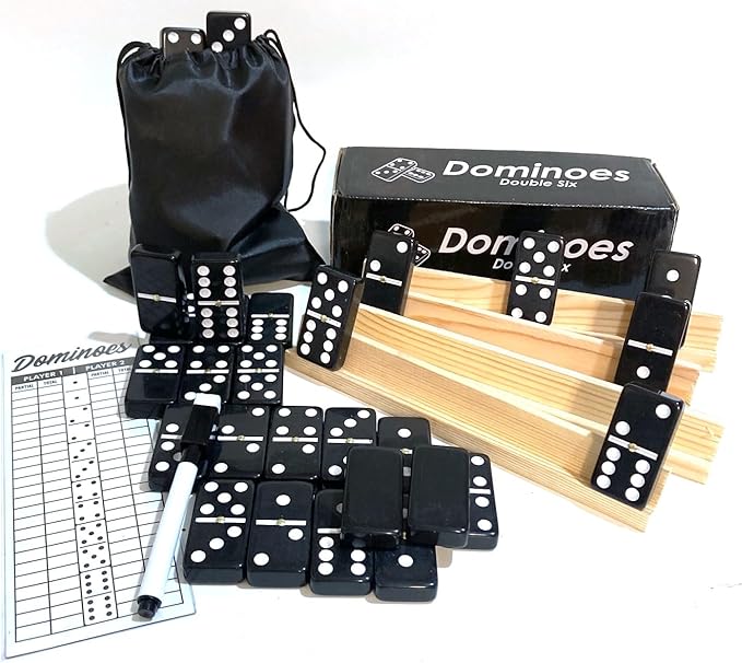 Double Six Dominoes Large Size Full Set Comes with Score pad & Pen 4 pcs Wooden Domino Racks and Black Dominos Bag Adults Kids Seniors Black Color (01)