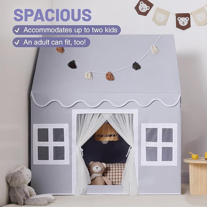 Kids Play Tent Indoor: Mat, Tassel Garland, Star Lights - Gray Girl Tent Playhouse for Toddlers Kids Toys for Boy Girl Birthday Gift