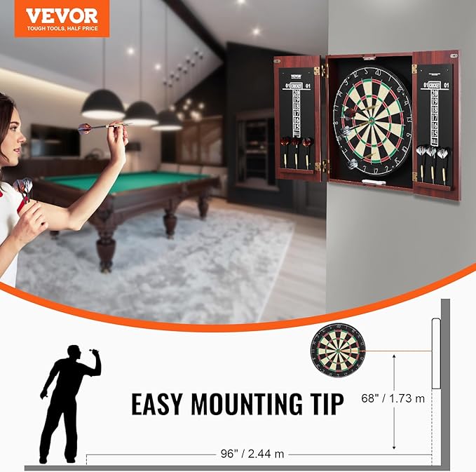 VEVOR Dart Board Cabinet Set, Multiple Styles Ready-to-Play Bundle Official Size, Steel Tip Dart Hideaway Cabinet, Features Easy Assembly, Complete with All Accessories, Perfect for Cricket Games
