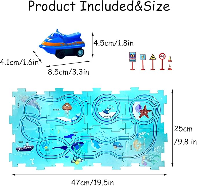 4 Year Old Boy Birthday Gift, Puzzle Racer Kids Car Track Set Puzzle Racer Car Track Set with Roadmap Puzzle Track Car Play Set Toys for 4 Year Old Boys (B-Ocean, set2-15PCS)
