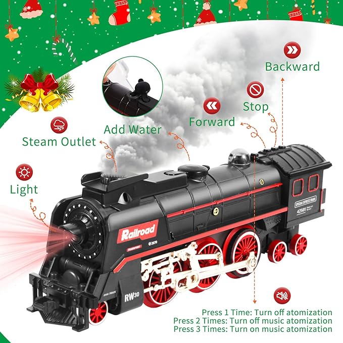 Train Set, Christmas Train Sets for Around The Tree Electric Train with Steam, Lights and Sound, Model Train Set for Kids Toy Gifts for 3 4 5 6 7 8+ Years Old (No Remote)