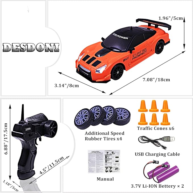 Remote Control Car RC Drift Car 2.4GHz 1:24 Scale 4WD 15KM/H High Speed Model Vehicle with LED Lights Drifting Tire Racing Sport Toy Car for Adults Boys Girls Kids Gift 2Pcs Rechargeable Batteries