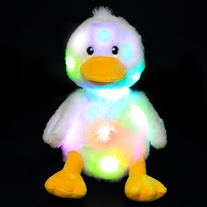 Hopearl Easter LED Plush Duck Light up Stuffed Duckling Farm Animal Floppy Night Lights Glow in The Dark Birthday Gifts for Kids Toddler Girls, White, 12''