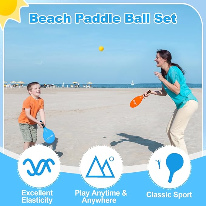 Beach Paddle Ball Set - Funny Paddleball Rackets Game, Outdoor Sports Toys for Kids Adults Family Games Beach Yard Lawn Party Supplies(4 Paddles, 13 Birdies, 4 Balls, 2 Drawstring Bags)