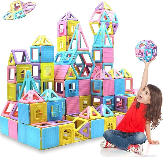 Magnetic Tiles Magnet Blocks for 3 4 5 6 7+ Year Old Boys Girls Macaron Castle Magnetic Building Blocks for Toddlers 3-5, 4-8, Building Blocks for Kids Ages 3+ Birthday Gifts 124pcs