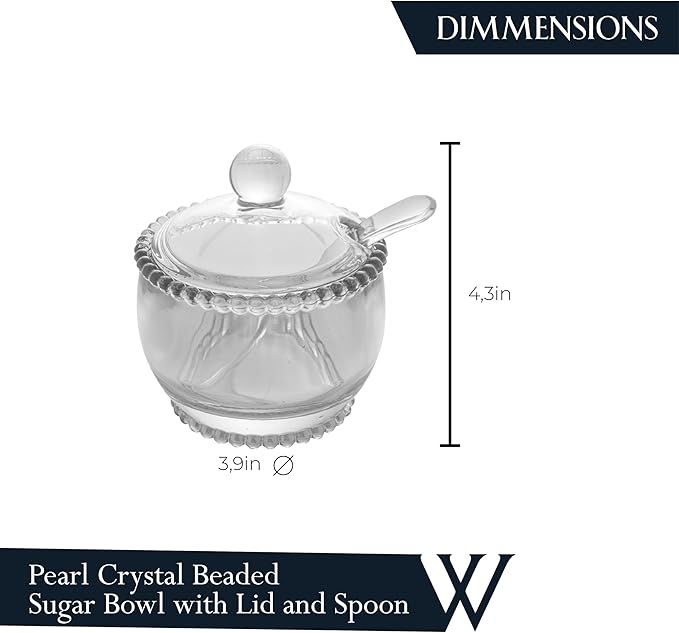 WOLFF - Pearl Crystal Beaded Sugar Bowl with Lid and Spoon - Sugar Holder, Dish for Candy Dispenser, Jelly Jar (Clear, Sugar Bowl)