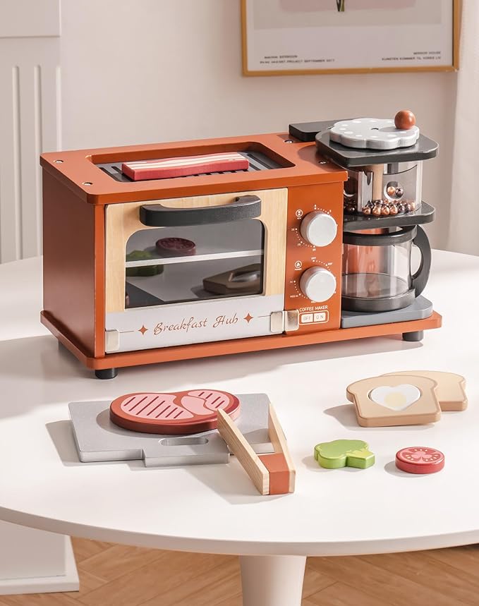 ROBOTIME Play Kitchen Toys Accessories - Wooden Breakfast Machine Kitchen Toy for Kids with Coffee Maker and Pretend Play Food Sets - Kitchen Playset Appliances Toy for Toddlers (Caramel)