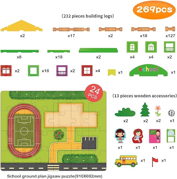 Wondertoys 269 Pieces Real Wood Logs Set Ages 3+, Classic Building Log Gift Set for Boys/Girls– Creative Construction Engineering - Top Blocks Game Kit - Preschool Education Toy