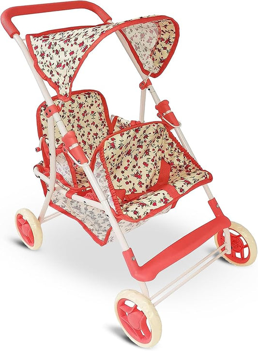 Double Doll Stroller for Baby Dolls Twin Dolls | Toy Doll Stroller for Toddlers, 4 Year Old, 5 Year Old Girls, 8 Year Old | 25” Tandem Play Toy Stroller for Baby Dolls, Floral Baby Stroller for Dolls