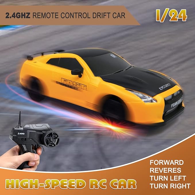 Remote Control Car RC Drift Car 2.4GHz 1:24 Scale 4WD 15KM/H High Speed Model Vehicle with LED Lights Drifting Tire Racing Sport Toy Car for Adults Boys Girls Kids Gift 2Pcs Rechargeable Batteries