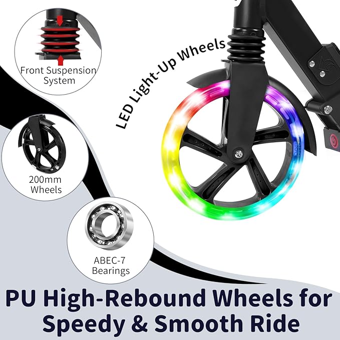 BELEEV V8 Scooters for Kids Ages 6+ with Light-Up Deck, 2 Wheel Folding Scooter for Adults Teens, 4 Adjustable Height, Lightweight Sport Commuter Scooter, Sturdy Frame, Max Load 220 lbs