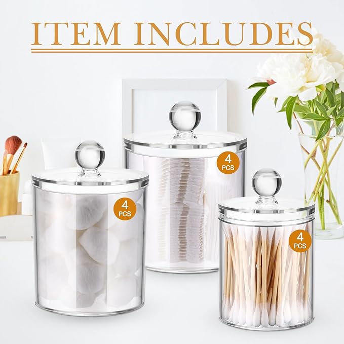 Meanplan 6 Pack Acrylic Holder Dispenser Plastic Apothecary Jars with Lids for Cotton Ball, 10/22/39 oz Clear Plastic Storage Jars Floss Holder Container for Cotton Swab Bathroom, 3 Sizes