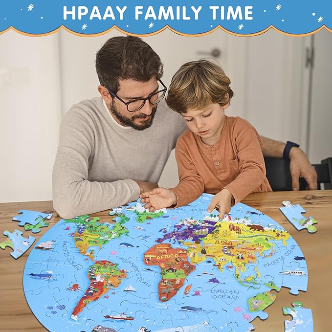 World Map Jigsaw Puzzle for Kids 4-8, 70 Piece Large Round Floor Puzzles for Kids Ages Toddler Puzzle Globe Geography Games Educational Toys Birthday for Children