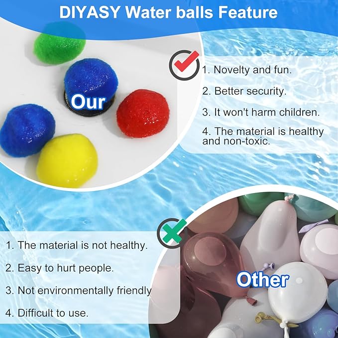 DIYASY 96 Pcs Reusable Water Balls, Sponge Soaker Balls Water Balloons for kids Outdoor Games Toys Summer Backyard Outside Pool Party Fun Adults Boys Girls
