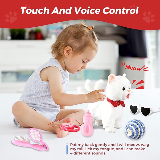 White Leash Walking Cat Set Toy Interactive Talking Cat Singing Dancing Kitten Mimicking Repeat What You Say Kitty Touch and Voice Control Nodding Wagging Tail Plush Electric Robot for Kid Girl