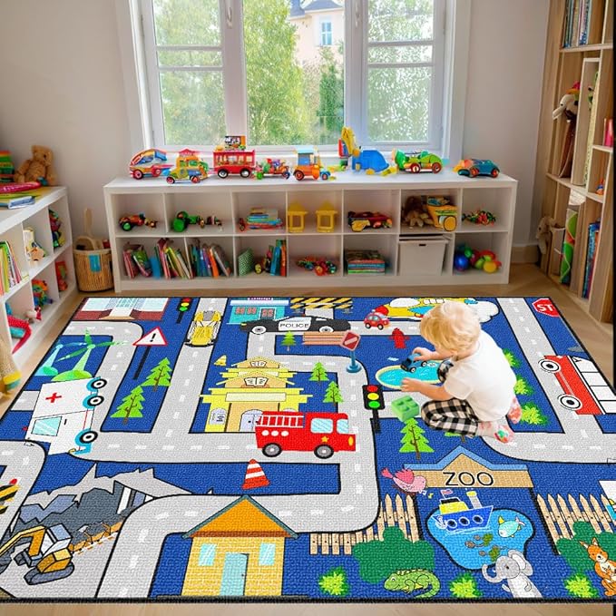 Kids Car Rug Play Mat - City Life Map Car Mat for Kids Toy Educational Play Traffic Road Carpet for Childrens Race Track Rug for Bedroom (Sky Blue, 4.5x6 Feet)