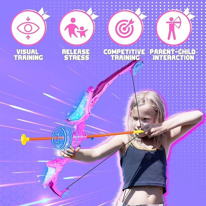 2 Pack Kids Bow and Arrow, 20 Suction Cup Arrows, 2 Archery Targets&Quiver, Light-up Set for Kids Ages 4-8 8-12, Indoor Outdoor Toys for Boys Girls, (Black & Pink