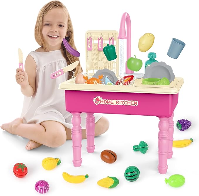 deAO Kitchen Toy Sink Toys with Cutting Food,Electric Dishwasher Playing Toy with Running Water, Role Playing Game Pretend Food,44 PCS Kitchen Accessories Set for 3 4 5 Years Old Girls Boys