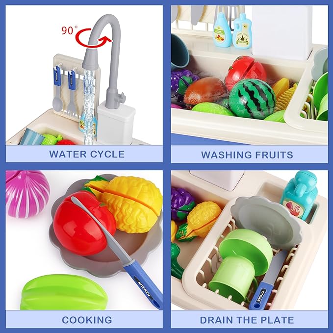 deAO Play Kitchen Toy Sink Toys with Cutting Food,Dishwasher Playing Toy with Running Water, Role Playing Game Pretend Food,44 PCS Kitchen Accessories Set for 3 4 5 Years Old Girls Boys Blue