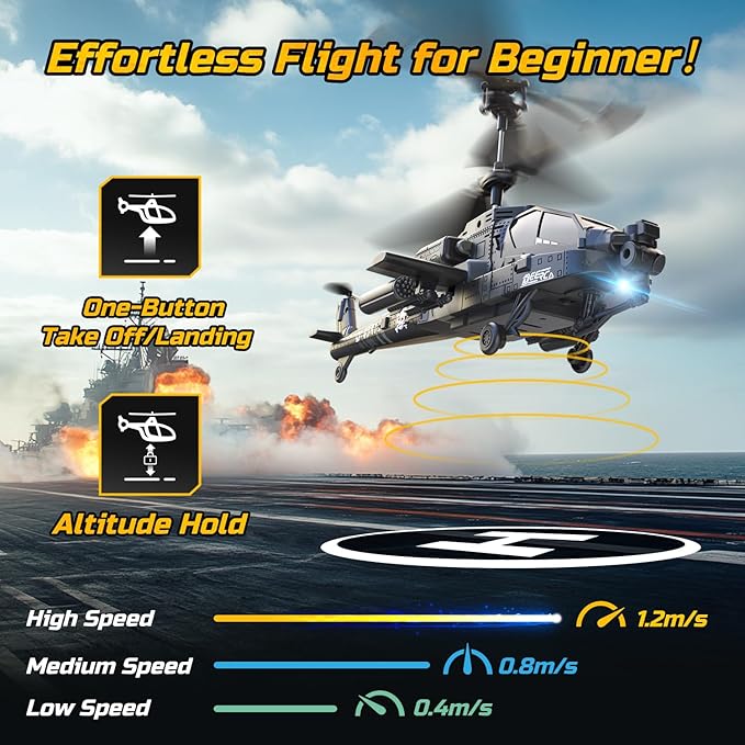 DEERC Apache RC Helicopter for Kids & Adults, Military Remote Control Helicopter Toy with LED Lights, 2 Batteries & USB-C Charging, 26 Mins Flight, Altitude Hold, Gift for Boys Ages 8-12