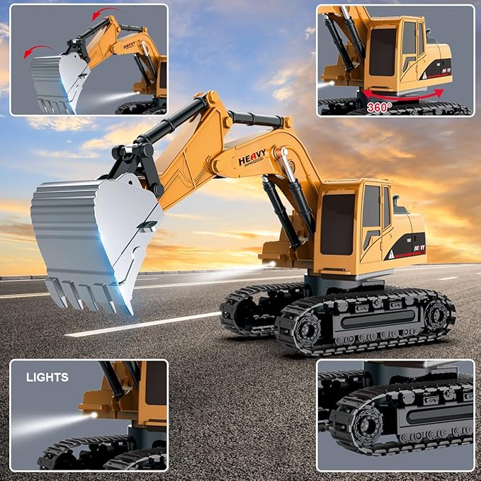 Remote Control Excavator and Dump Truck Toy Set - RC Excavator and Dump Truck with Lights and Sounds - Rechargable Digger Car, Construction Vehicles Toy Set Gifts for Boys Kids