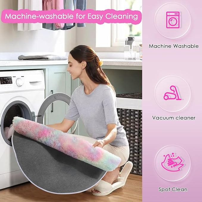 Amdrebio Rainbow Fluffy Round Rug 7Ft Kids Rugs for Girls Bedroom, Unicorn Room Decor, Colorful Pastel Big Large Carpet for Baby Nursery Playroom, Cute Shaggy Kawaii Circle Area Rug for Teen Princess