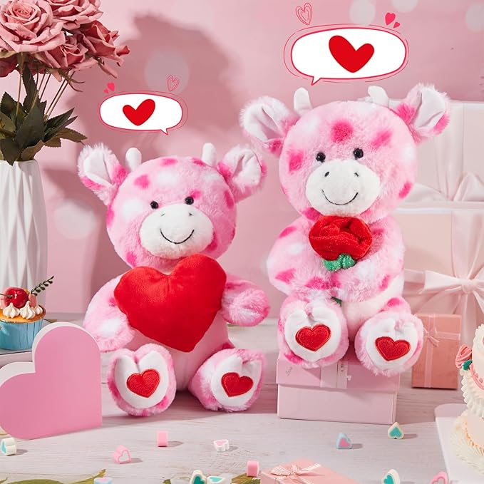 Shappy 2 Sets Large Valentines Day Plush Stuffed Animal with Heart and Rose, Cute Stuffed Animal Toys, Valentine‘s Day Wedding Gifts for Boys Girls Couple Mom Girlfriend(Cow)