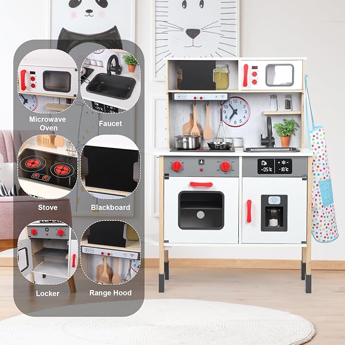 Wooden Kitchen Playset for Kids, Realistic Lights & Sounds Toddler Play Kitchen Set Include Complete Toy Cooking Equipped & Cookware Accessories for Chef Pretend Game Birthday Best Gift