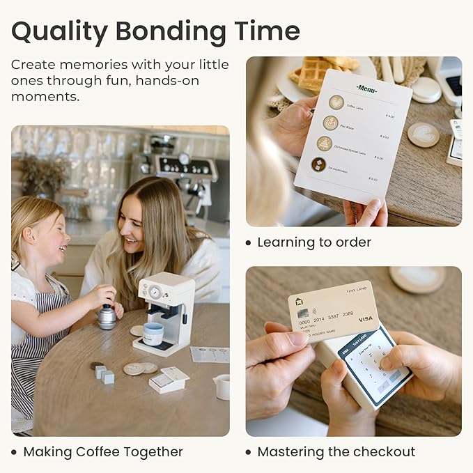 Tiny Land Kids Wooden Coffee Maker Playset – Pretend Play Espresso Machine with POS Machine and Toy Bank Card, Barista Role Play Café Set, Montessori Kitchen Toy for Boys & Girls